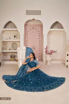 Blue embroidered net semi stitched lehenga