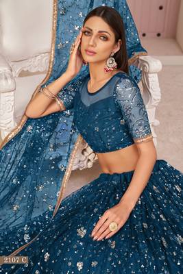 Blue embroidered net semi stitched lehenga 3