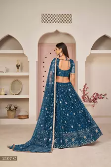 Blue embroidered net semi stitched lehenga