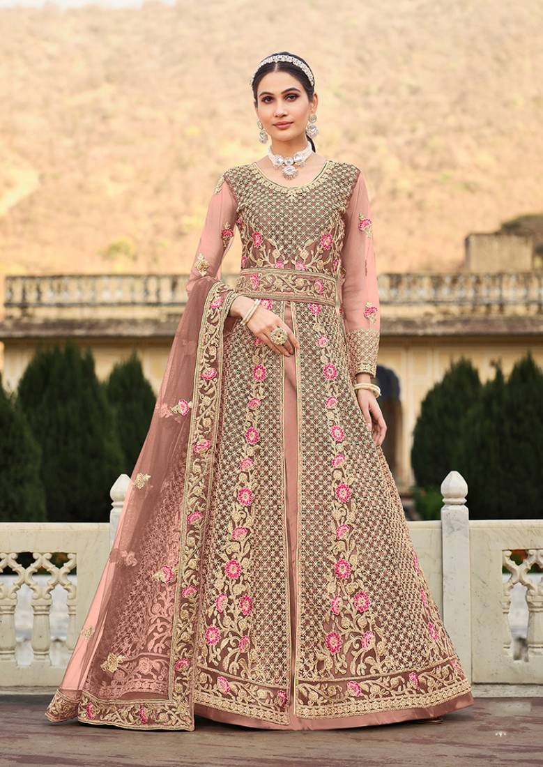 Light-coffee embroidered net salwar