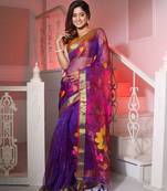 Violet Muslin Handwoven Saree With Woven Motifs And Zari Borders
