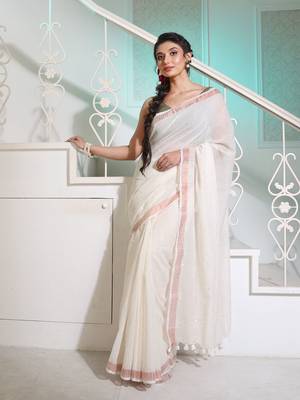 Off White Cotton Handspun Handwoven Saree With Stripe Designs And Sequin Work 1