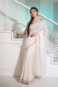 Off White Cotton Handspun Handwoven Saree With Stripe Designs And Sequin Work