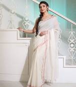 Off White Cotton Handspun Handwoven Saree With Stripe Designs And Sequin Work
