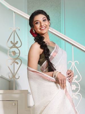 Off White Cotton Handspun Handwoven Saree With Stripe Designs And Sequin Work 2
