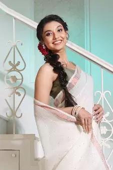 Off White Cotton Handspun Handwoven Saree With Stripe Designs And Sequin Work
