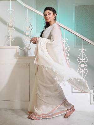 Off White Cotton Handspun Handwoven Saree With Stripe Designs And Sequin Work 3