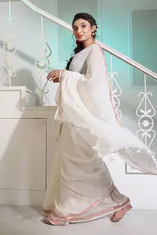 Off White Cotton Handspun Handwoven Saree With Stripe Designs And Sequin Work