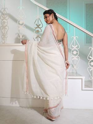 Off White Cotton Handspun Handwoven Saree With Stripe Designs And Sequin Work 4