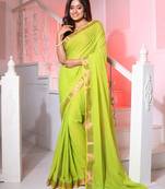 Light Green Cotton Handspun Handwoven Saree With Stripe Designs And Sequin Work