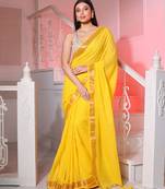 Yellow Cotton Handspun Handwoven Saree With Stripe Designs And Sequin Work
