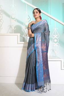 Dark Grey Cotton Handspun Handwoven Saree With Woven Zari Floral Motifs And Contrast Borders And Pallu