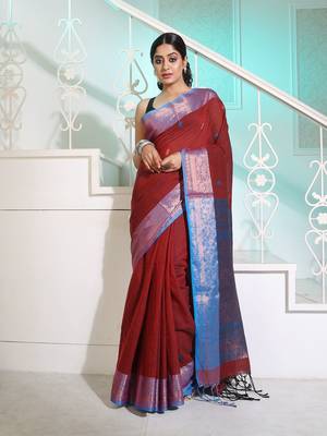 Dark Red Cotton Handspun Handwoven Saree With Woven Zari Floral Motifs And Contrast Borders And Pallu 1