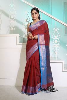 Dark Red Cotton Handspun Handwoven Saree With Woven Zari Floral Motifs And Contrast Borders And Pallu