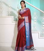 Dark Red Cotton Handspun Handwoven Saree With Woven Zari Floral Motifs And Contrast Borders And Pallu