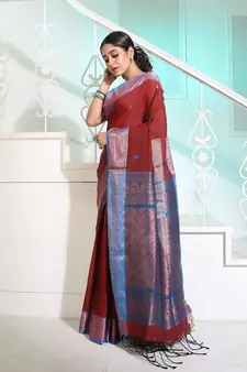 Dark Red Cotton Handspun Handwoven Saree With Woven Zari Floral Motifs And Contrast Borders And Pallu