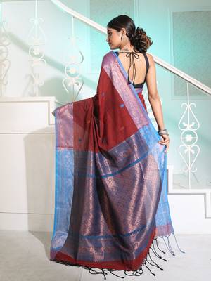 Dark Red Cotton Handspun Handwoven Saree With Woven Zari Floral Motifs And Contrast Borders And Pallu 4