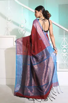 Dark Red Cotton Handspun Handwoven Saree With Woven Zari Floral Motifs And Contrast Borders And Pallu