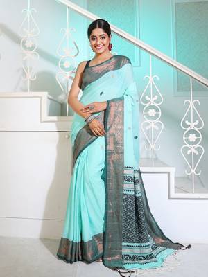Sea Green Cotton Handspun Handwoven Saree With Woven Zari Floral Motifs And Contrast Borders 1