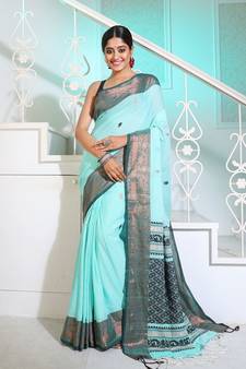 Sea Green Cotton Handspun Handwoven Saree With Woven Zari Floral Motifs And Contrast Borders