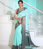 Sea Green Cotton Handspun Handwoven Saree With Woven Zari Floral Motifs And Contrast Borders