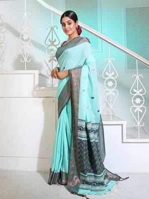 Sea Green Cotton Handspun Handwoven Saree With Woven Zari Floral Motifs And Contrast Borders 3