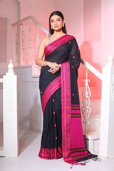 Black Cotton Handspun Handwoven Saree With Woven Zari Floral Motifs And Contrast Borders And Pallu