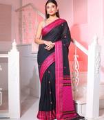 Black Cotton Handspun Handwoven Saree With Woven Zari Floral Motifs And Contrast Borders And Pallu
