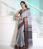Light Grey Cotton Handspun Handwoven Saree With Woven Zari Floral Motifs And Contrast Borders