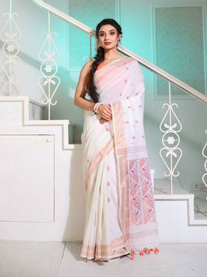 White Cotton Handspun Saree With Jamdani Designs Pallu 1