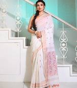 White Cotton Handspun Saree With Jamdani Designs Pallu