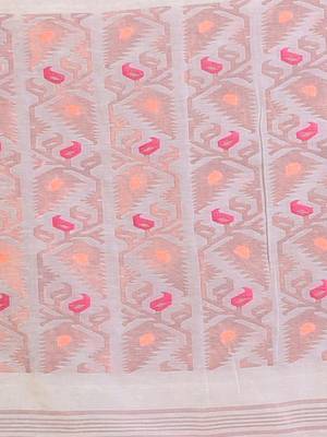 White Cotton Handspun Saree With Jamdani Designs Pallu 5
