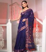 Blue Cotton Handspun Saree With Jamdani Designs Pallu
