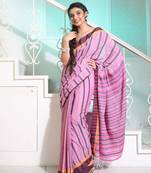 Mauve Cotton Handspun Handwoven Saree With Stripes Pattern