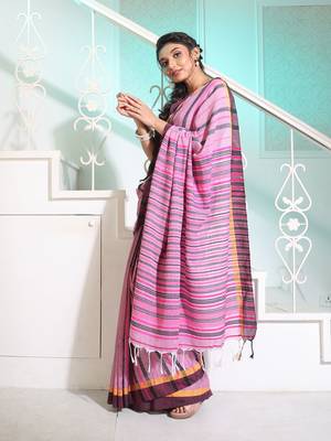 Mauve Cotton Handspun Handwoven Saree With Stripes Pattern 3
