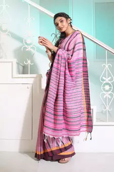 Mauve Cotton Handspun Handwoven Saree With Stripes Pattern