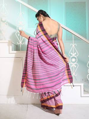 Mauve Cotton Handspun Handwoven Saree With Stripes Pattern 4