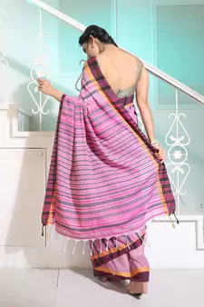 Mauve Cotton Handspun Handwoven Saree With Stripes Pattern