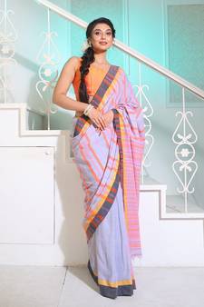 Light Grey Cotton Handspun Handwoven Saree With Stripes Pattern