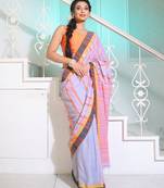 Light Grey Cotton Handspun Handwoven Saree With Stripes Pattern