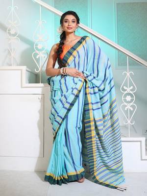 Sky Blue Cotton Handspun Handwoven Saree With Stripes Pattern 1