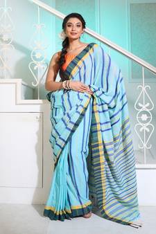 Sky Blue Cotton Handspun Handwoven Saree With Stripes Pattern