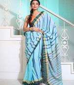 Sky Blue Cotton Handspun Handwoven Saree With Stripes Pattern