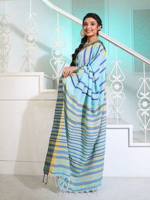 Sky Blue Cotton Handspun Handwoven Saree With Stripes Pattern 3
