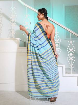 Sky Blue Cotton Handspun Handwoven Saree With Stripes Pattern 4
