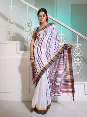 White Cotton Handspun Handwoven Saree With Stripes Pattern 1