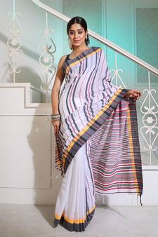 White Cotton Handspun Handwoven Saree With Stripes Pattern