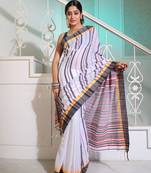 White Cotton Handspun Handwoven Saree With Stripes Pattern