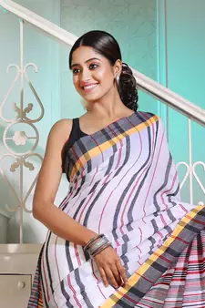 White Cotton Handspun Handwoven Saree With Stripes Pattern