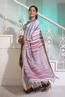 White Cotton Handspun Handwoven Saree With Stripes Pattern